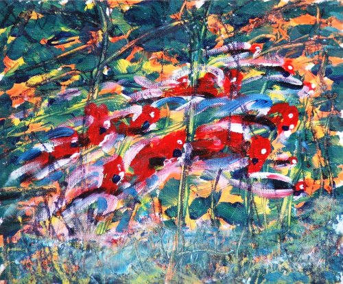 Five Rosellas in the Plum Trees